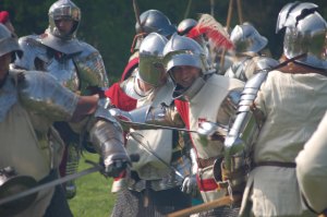 Fighting between Yorkists and Lancastrians in battle re-enactment