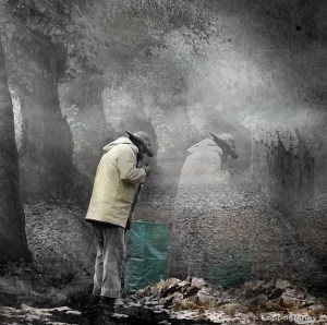 Gardener raking foliage